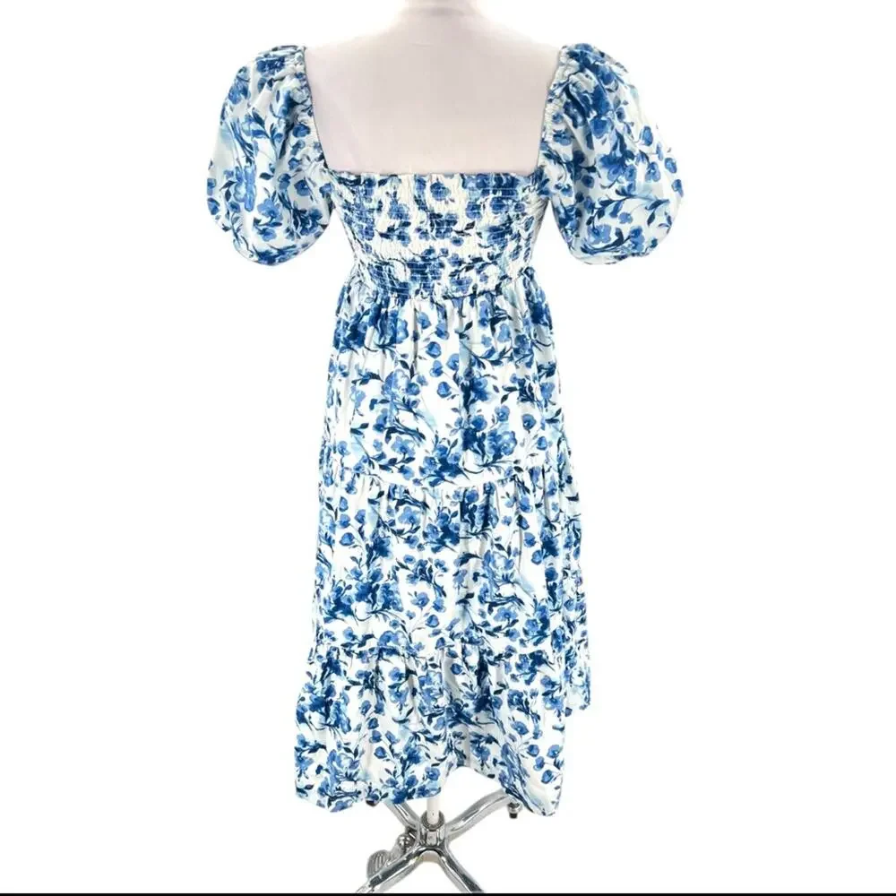 Abercrombie & Fitch smocked bodice midi poplin dress blue white floral toile XSP